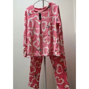 Ming Long Hello Kitty Pajama Set Pink Hearts Fleece Loungewear PJs S M L XL